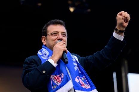 Istanbul mayor Ekrem Imamoğlu of the main opposition Republican People's party (CHP) addresses supporters during an election rally on 22 March.
