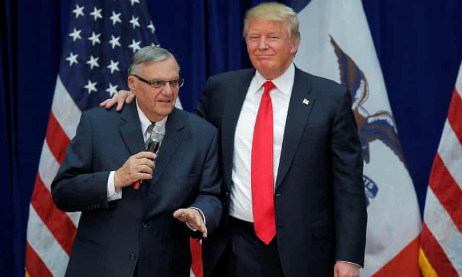 Donald Trump is joined onstage by Joe Arpaio at a campaign rally in Marshalltown, Iowa, in January 2016.