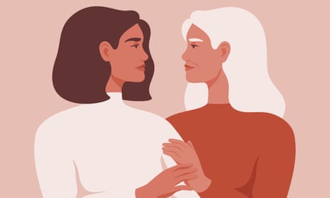 Illustration of senior woman and younger woman embracing and looking at each other in the face.