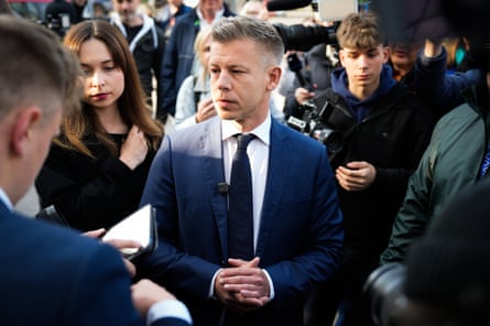 Péter Magyar speaks to members of the media after having voted in Budapest, Hungary