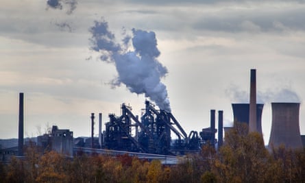 The British Steel plant in Scunthorpe: smoke and steam rises from chimneys