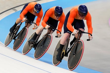 Roy van den Berg, Harrie Lavreysen and Jeffrey Hoogland on their way to gold