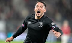 West Ham’s Pablo Fornals celebrates after scoring against AZ Alkmaar