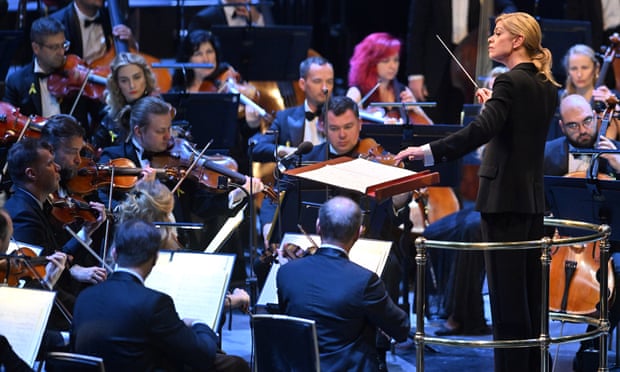 Keri-Lynn Wilson conducts the Ukrainian Freedom Orchestra in the Royal Albert Hall, London.