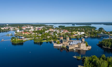 Aerial view of Savonlinna, in Finland, with its 15th-century Olavinlinna fortress and opera festival venue in the foreground