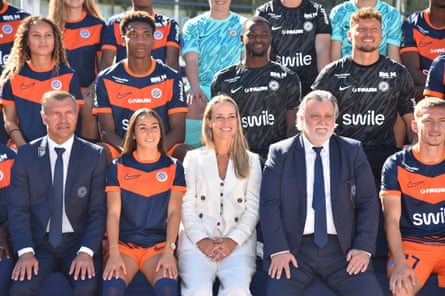Bex Smith poses with Montpellier staff and players after Crux Sports’ takeover was completed.