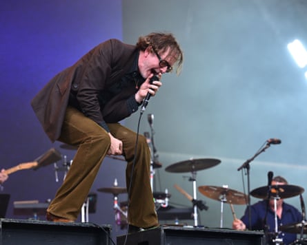 Dispensing sage wisdom … Jarvis Cocker with Pulp on the Pyramid stage at Glastonbury.