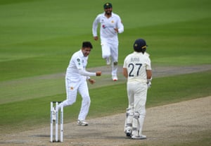 Mohammad Abbas celebrates after trapping Rory Burns.