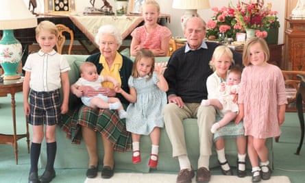 The Queen and the Duke of Edinburgh in 2018 with seven of their great-grandchildren: from left, Prince George, Prince Louis, Savannah Phillips (standing at rear), Princess Charlotte, Isla Phillips holding Lena Tindall, and Mia Tindall.