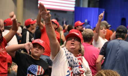 People turn to make their feelings known toward the media covering Donald Trump during a 'Evangelicals for Trump' campaign event held at the King Jesus International Ministry on 3 January 2020 in Miami, Florida.