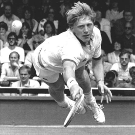 Boris Becker flying across the court at Wimbledon.