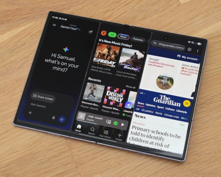 Three apps side-by-side on the internal screen f the Samsung Galaxy Z Fold 8.