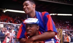 Mark Bright with Ian Wright after the 1990 FA Cup final between Crystal Palace and Manchester United ended 3-3 after extra time.