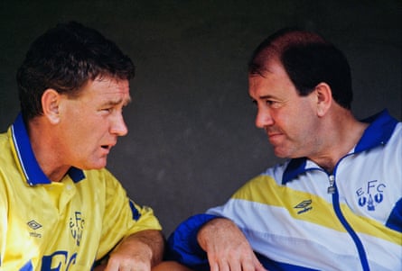 Harvey with the Everton manager Howard Kendall in 1985.