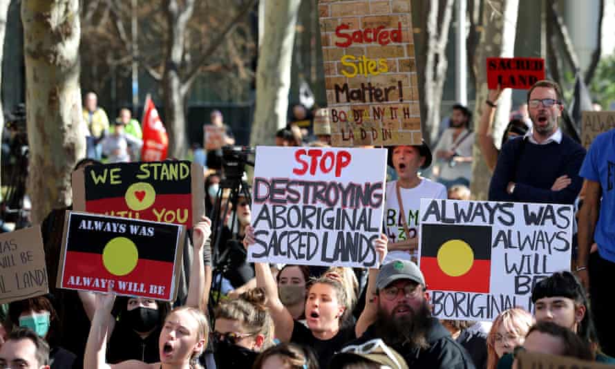 People protest outside the Rio Tinto office in Perth last June over the company’s blasting of the Juukan Gorge in the Pilbara, destroying ancient rock shelters.