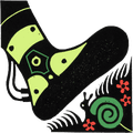 Illustration of a large, futuristic boot about to step on a small snail surrounded by grass and tiny red flowers.