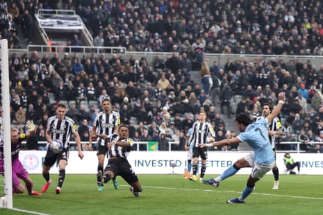 Omar Marmoush lashes the ball home to put Manchester City ahead.