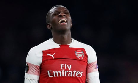 Arsenal’s Eddie Nketiah reacts after his header goes over the bar.
