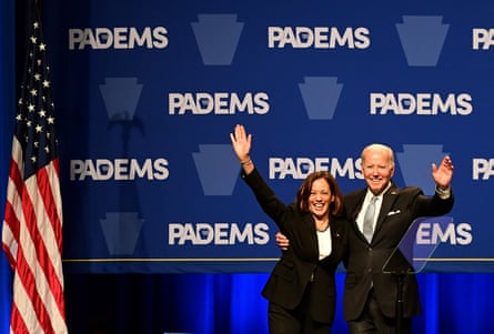 Joe Biden and Vice-President Kamala Harris react while greeting supporters during the Democratic party’s Independence Dinner on Friday in Philadelphia, Pennsylvania.