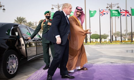 Boris Johnson is welcomed by Mohammed bin Salman, crown prince of Saudi Arabia, to the royal court in Riyadh