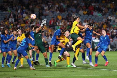 Sam Kerr of Matildas scores his goal against Thailand.