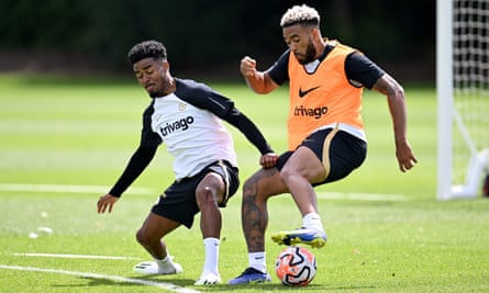 Ian Maatsen (left) and Reece James of Chelsea during a training session.
