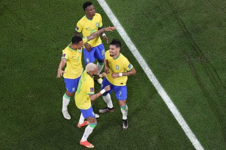 Brazil’s Vinicius Junior, Danilo and Neymar dance with Lucas Paqueta at the 2022 World Cup.