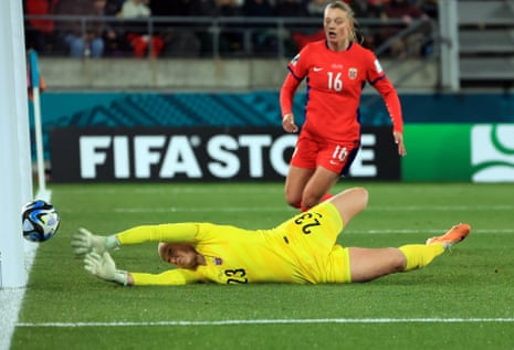 Norway goalkeeper Aurora Mikalsen dives but can’t reach the ball and it is the first goal for Japan, an own goal by Ingrid Syrstad Engen.