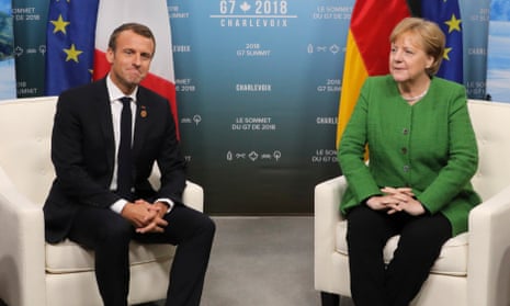  Emmanuel Macron and Angela Merkel at the G7 summit in Canada: ‘Macron, with his powdered brow and talk about French grandeur, is regarded with unease.’