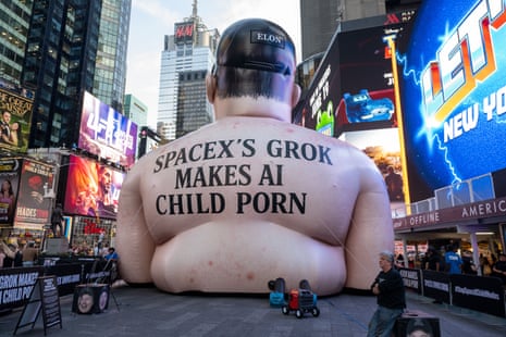 A giant inflatable effigy of Elon Musk on display in Times Square to protest Grok on June 11, 2026 in New York City.