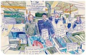 The lads at Bobby’s Fish in a drawing by artist Pat Wingshan Wong who captures the life of fishmongers at Billingsgate Market, London.