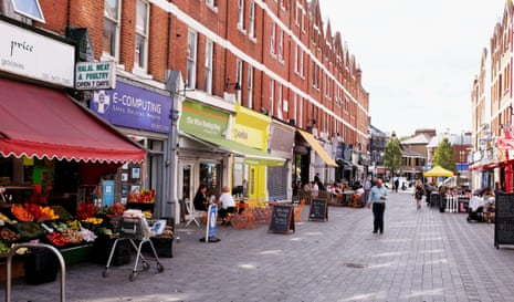 Pavement cafes and shops just off Balham High Road in South London