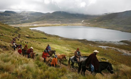 Andean people marching in protest against a mining project at Perol lake in Peru’s Cajamarca region.
