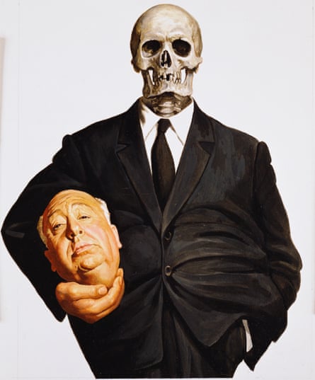 A skeleton in a suit and tie, holding Alfred Hitchcock’s head