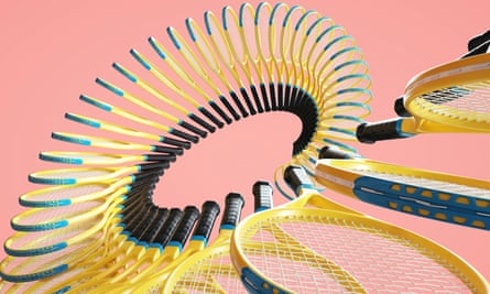 Image générée numériquement de raquettes de tennis créant un motif en hélice, sur fond rose