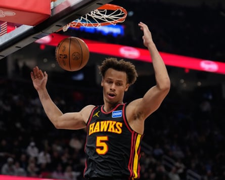 Atlanta Hawks guard Dyson Daniels dunks during an NBA game against the Cleveland Cavaliers