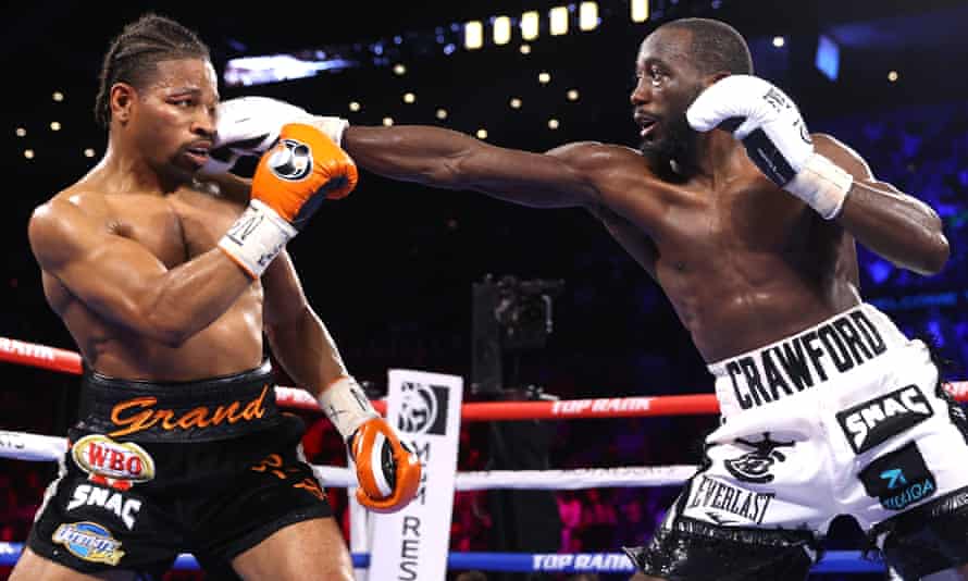 Terence Crawford connects with Shawn Porter’s head during his superb victory in November.