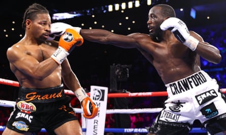 Terence Crawford connects with Shawn Porter’s head during his superb victory in November.