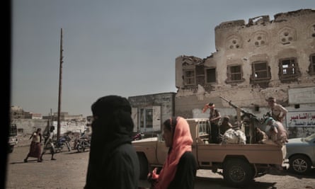 Saudi-led coalition backed forces patrol Mocha, a port city on the Red Sea coast of Yemen.