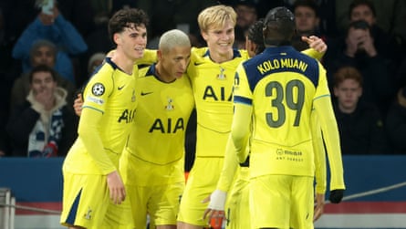 Tottenham’s Archie Gray, Richarlison, Lucas Bergvall and Randal Kolo Muani celebrate after a goal against Paris Saint-Germain