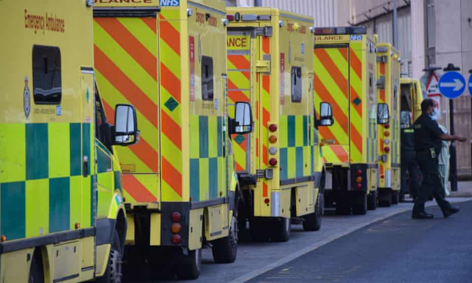Ambulances queue outside Royal London hospital. 