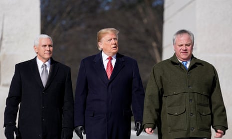 Mike Pence, Donald Trump and and David Bernhardt arrive to place a wreath at the Martin Luther King Memorial in Washington.