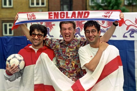 Broudie with Frank Skinner and David Baddiel after recording a new version of Three Lions to coincide with the 1998 World Cup.