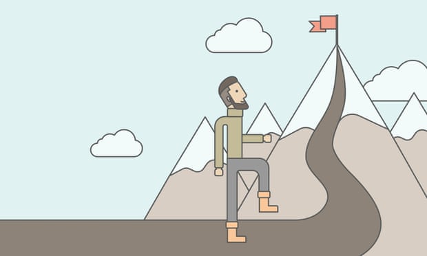 Illustration of a man climbing a mountain with a flag on top