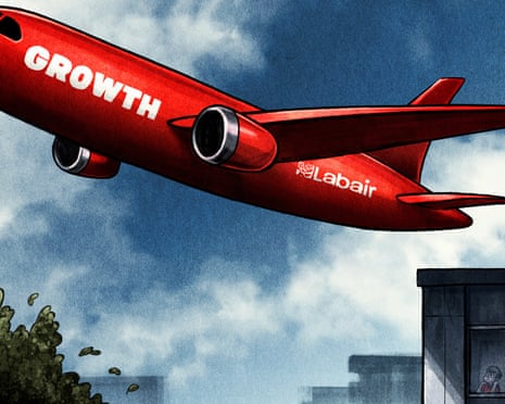 Illustration of red aeroplane with logos 'Growth' and 'Labair'