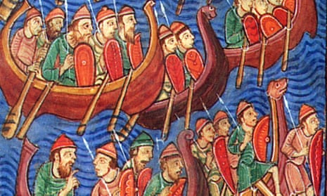 Invasion of the Danes ... illuminated manuscript depicting Ivar Ragnarsson (nicknamed the Boneless), with his brothers Halfdan and Ubbe. 