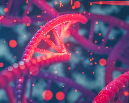 Illustration of DNA helix structure in pink, purple and blue