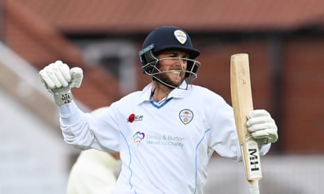 Derbyshire’s Fynn Hudson-Prentice celebrates hitting the winning runs with a ball to spare against Nottinghamshire.