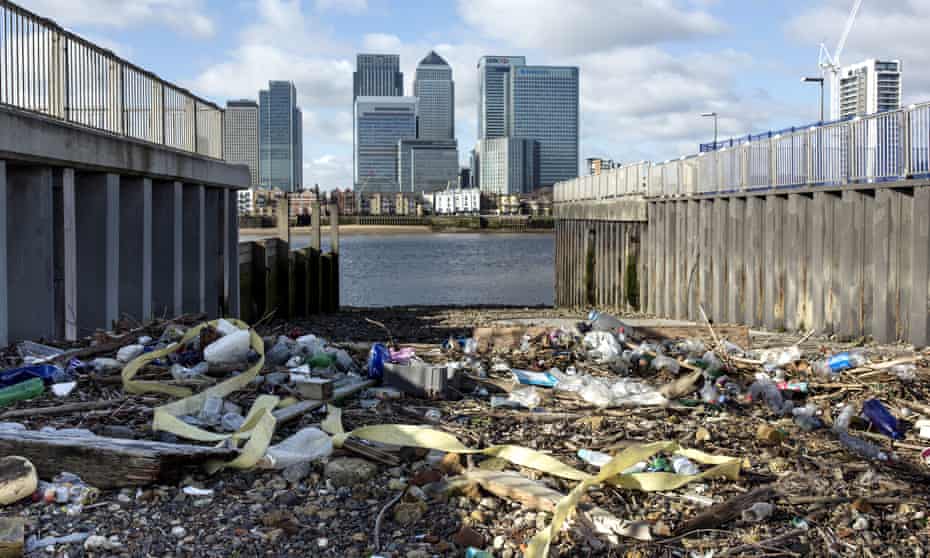 Plastic brought by high tides litters the high water line in front of Canary Wharf in London, UK. Pollution is one area highlighted by the pledge.