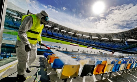 An worker sanitises the San Paolo stadium in Naples to prevent the dangers of contagion of Coronavirus.